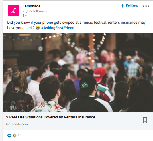 Picture of Lemonade brand posting on LinkedIn. 