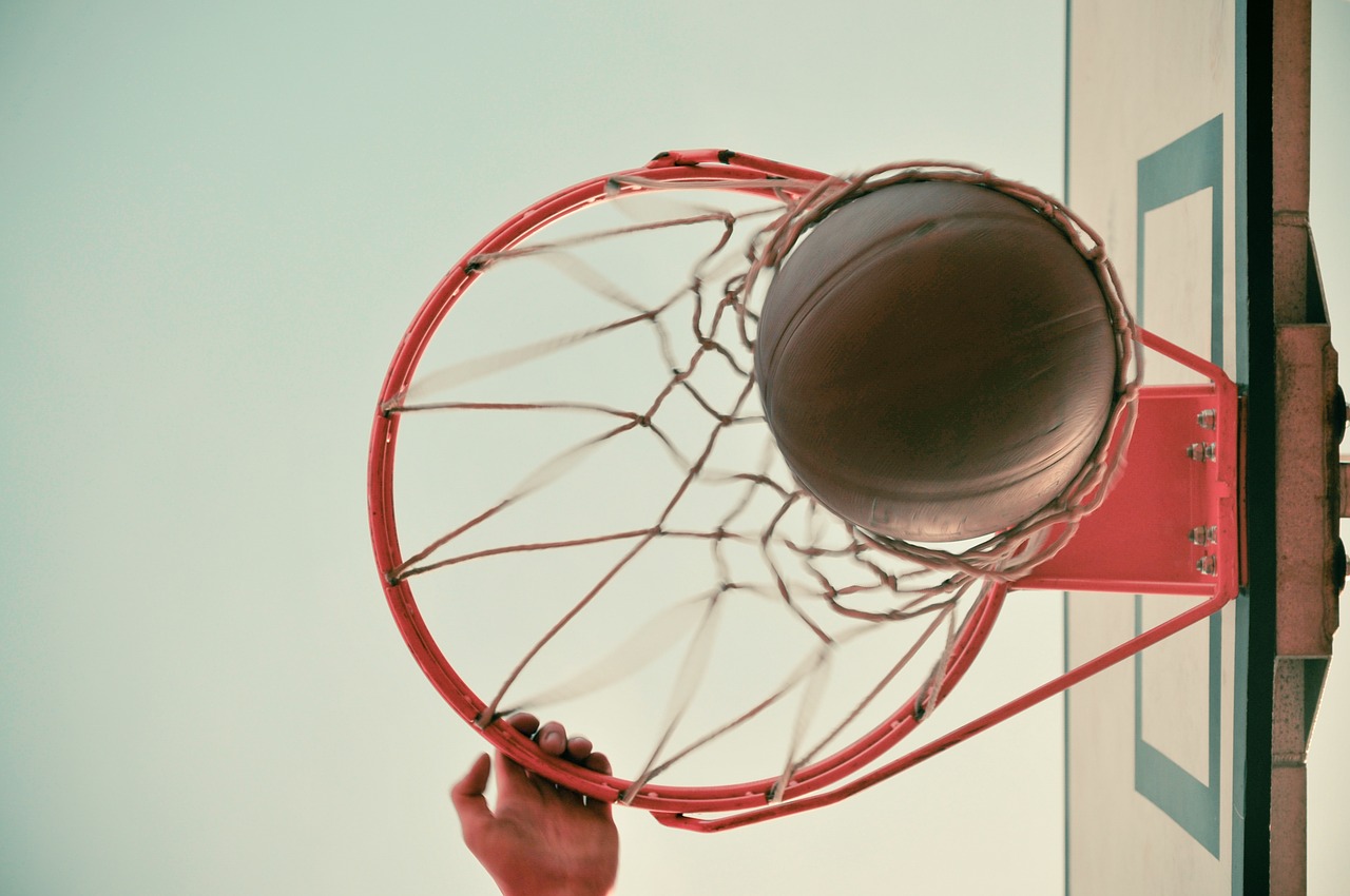 Picture of basketball going through hoop. 